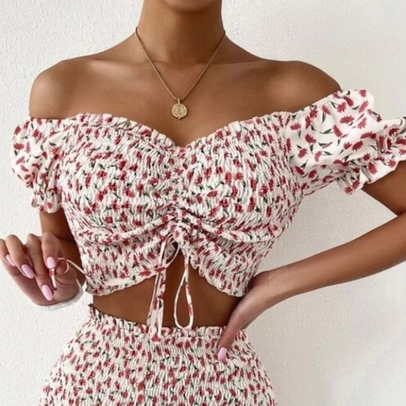 Boho chic Floral  Ruched Shirred Bodice Crop Top & skirt set - Picture 8 of 8